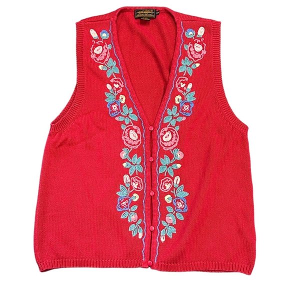 Vintage Eddie Bauer Womens M Red Sweater Button Vest Embroidered Cottagecore y2k - Picture 11 of 15